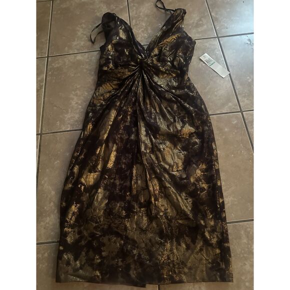 NWT Maggy London 8 Metallic Gold Brown V Neck Sheath Stretch Dress - Picture 2 of 6